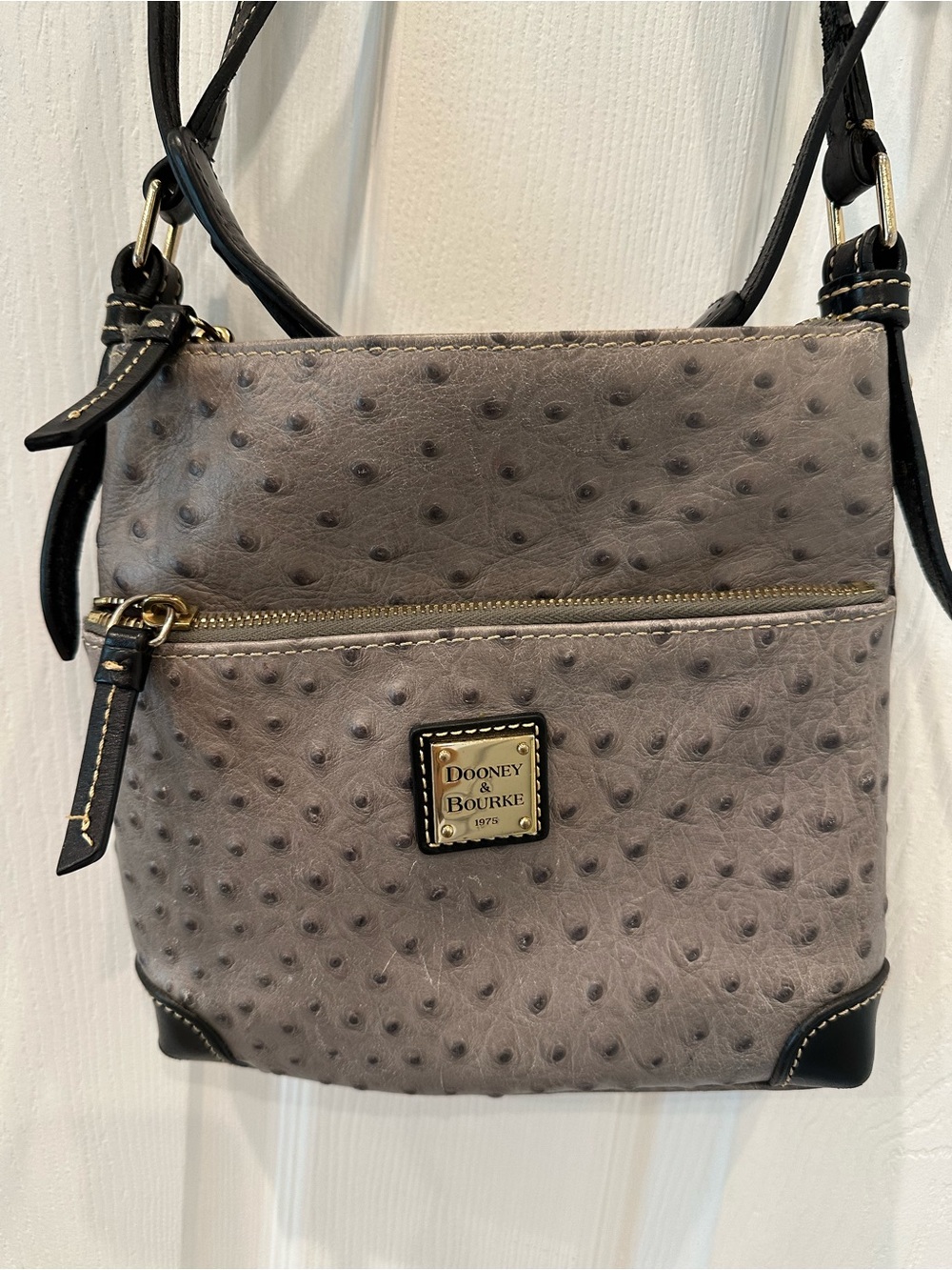Dooney & Bourke Gray Ostrich-Embossed Crossbody with Gold Hardware